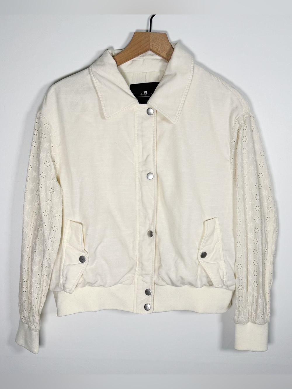 7 FOR ALL MANKIND Ivory Cotton Bomber Jacket Eyelet Lace Sleeves Sz M
